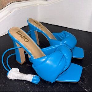 Blue Faux Leather Square Open-Toe Cushion Strap Lace up Sandal Heels